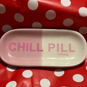 New 5” Pink and White “Chill Pill” Ceramic Trinket Tray Novelty Decor